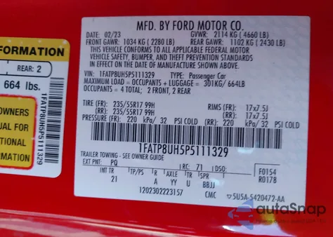 2023 Ford Mustang Ecoboost из США, поврежденный, VIN 1FATP8UH5P5111329